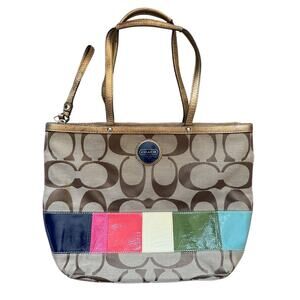 Coach Signature Tote Bag Y2K Monogram Rainbow Stripe Legacy Old Money Classic